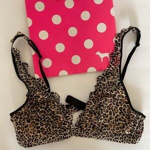 PINK Victorias Secret Leopard Lace Plunge Bralette Small